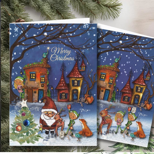Cartes Pour Fêtes Annuelles Magical Santa Christmas Village I Forest Friends (Magical Santa Christmas Village I Forest Friends Holiday Card)