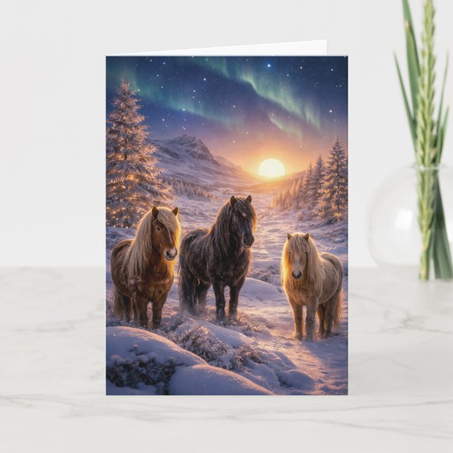 Cartes Pour Fêtes Annuelles Magie du solstice d'hiver avec des chevaux islanda (Devant)