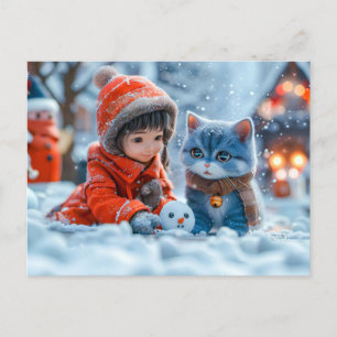 Cartes Pour Fêtes Annuelles Magique Jour d'hiver avec Fille et Chat