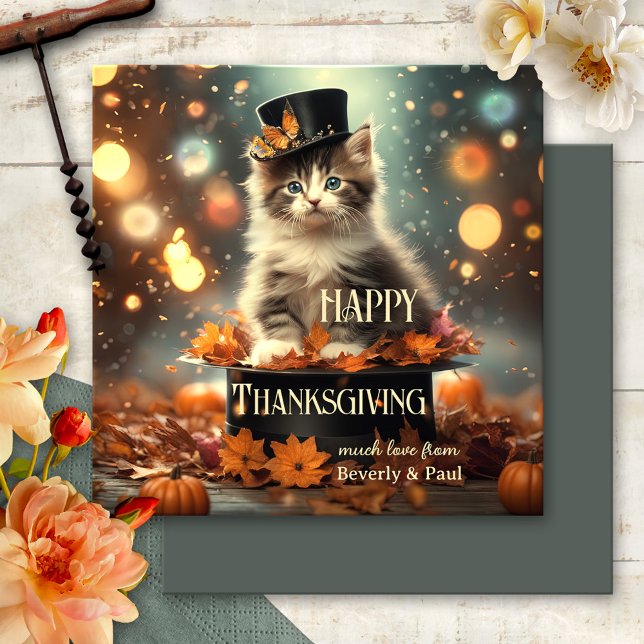 Cartes Pour Fêtes Annuelles Magique Kitten Fun Thanksgiving (A fun Thanksgiving card featuring a kitten with a magical hat, amidst festive lights and fall leaves)