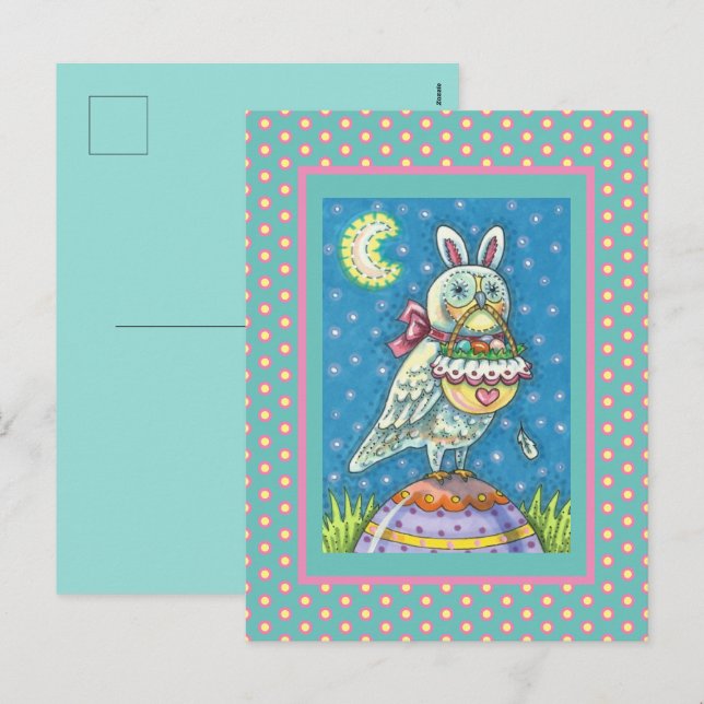 CARTES POUR FÊTES ANNUELLES MAGIQUE OWL & EASTER BASKET, OISEAU D'ART FOLK BLA (Devant / Derrière)