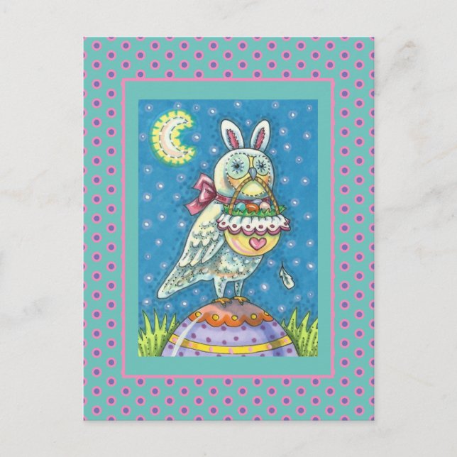 CARTES POUR FÊTES ANNUELLES MAGIQUE OWL & EASTER BASKET, OISEAU D'ART FOLK BLA (Devant)
