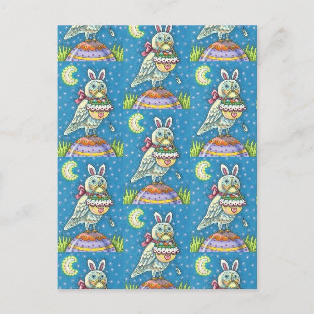 CARTES POUR FÊTES ANNUELLES MAGIQUE OWL & EASTER BASKET, OISEAU D'ART FOLK BLA (Devant)