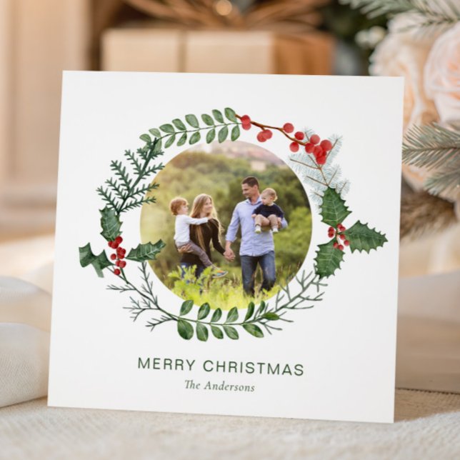 Cartes Pour Fêtes Annuelles Magnifique aquarelle Wreath Photo Noël (Créateur téléchargé)