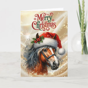 Cartes Pour Fêtes Annuelles Magnifique cheval bai en chapeau de Père Noël
