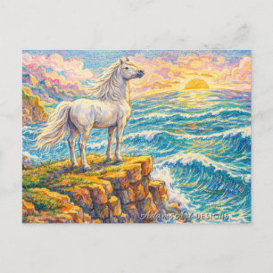 Cartes Pour Fêtes Annuelles Magnifique cheval blanc sur la falaise au coucher 