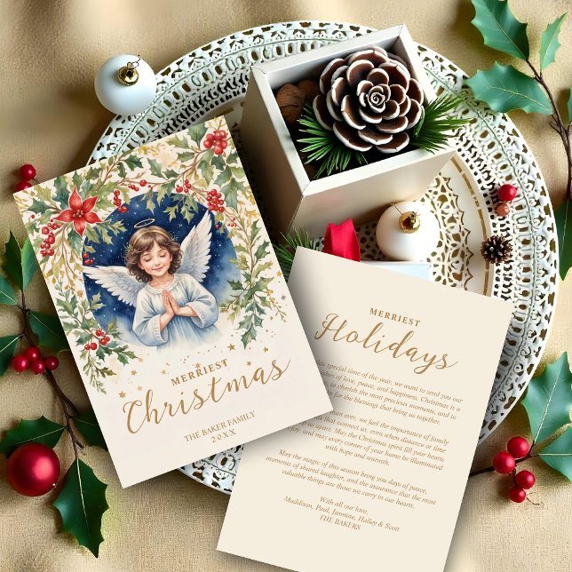 Cartes Pour Fêtes Annuelles Magnifique Chic Noël Angel Fleurs Victoriennes (Classic Gorgeous Chic Christmas Brown Hair Angel with Flowers Victorian-Themed Inspired Holidays.)