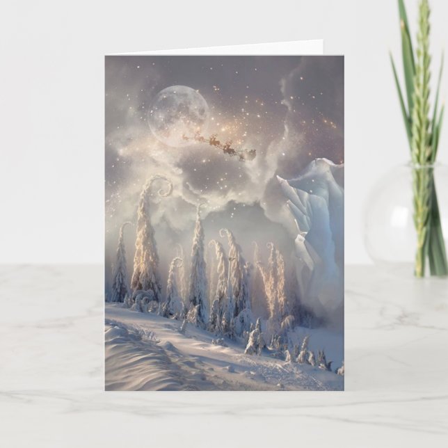 Cartes Pour Fêtes Annuelles Magnifique hiver Père Noël Flying Christmas Scène (Devant)