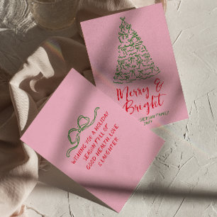 Cartes Pour Fêtes Annuelles Main dessinée Écrite Red Pink Bows Arbre Noël