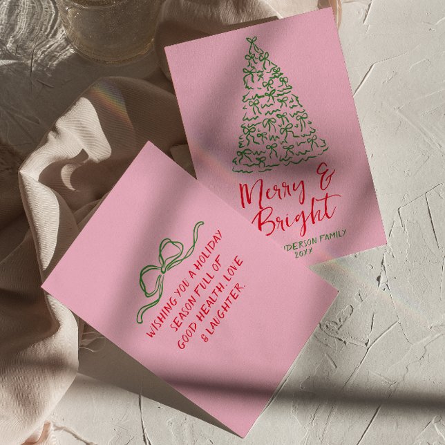 Cartes Pour Fêtes Annuelles Main dessinée Écrite Red Pink Bows Arbre Noël (Créateur téléchargé)