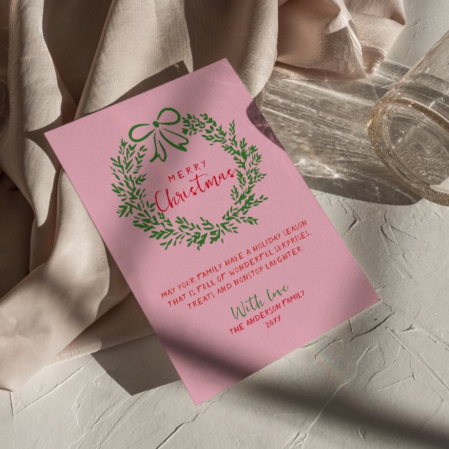 Cartes Pour Fêtes Annuelles Main dessinée rouge rose poitrine verte Wreath Noë (Créateur téléchargé)