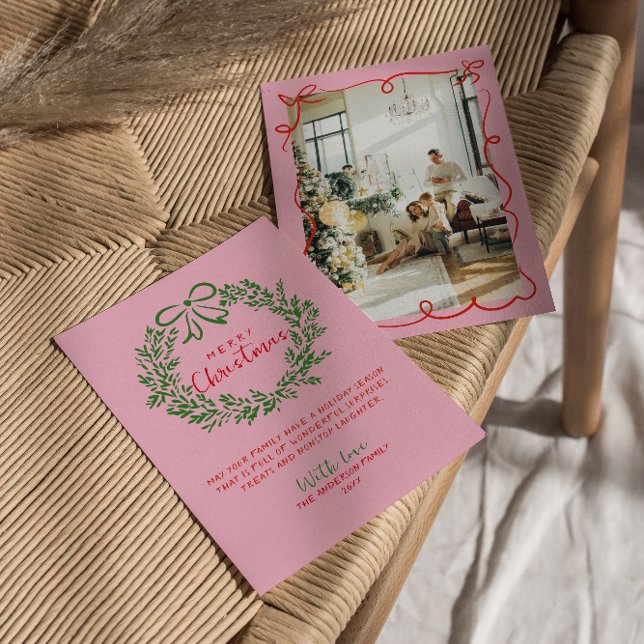 Cartes Pour Fêtes Annuelles Main dessinée rouge rose vert Wreath photo Noël (Créateur téléchargé)