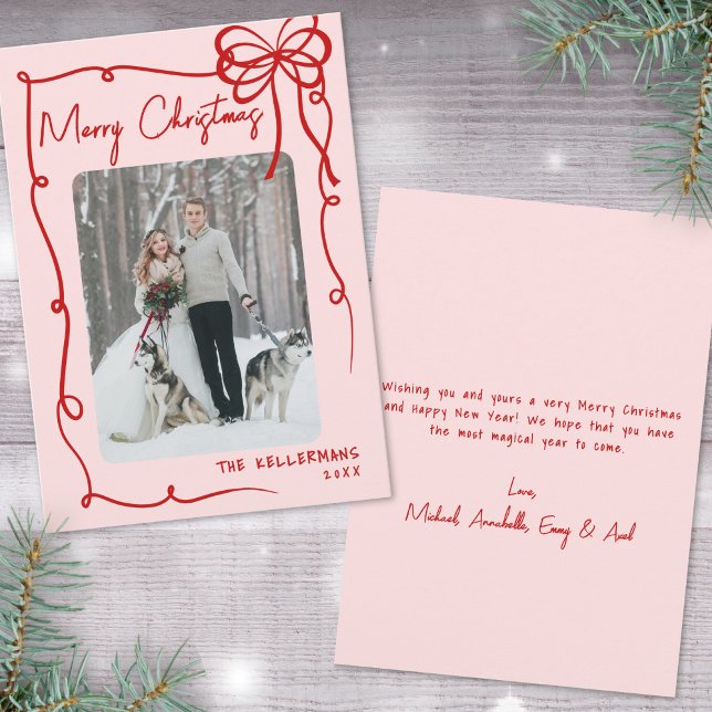 Cartes Pour Fêtes Annuelles Main Drag Ribbon Bow Retro Noël (Hand Drawn Ribbon Bow Retro Christmas Holiday Card)