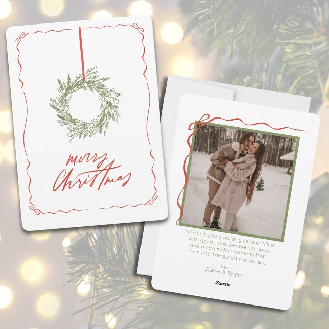 Cartes Pour Fêtes Annuelles Main fantaisiste Levée de la couronne photo Noël (Simple Hand Drawn Wreath Photo Christmas Holiday Card)