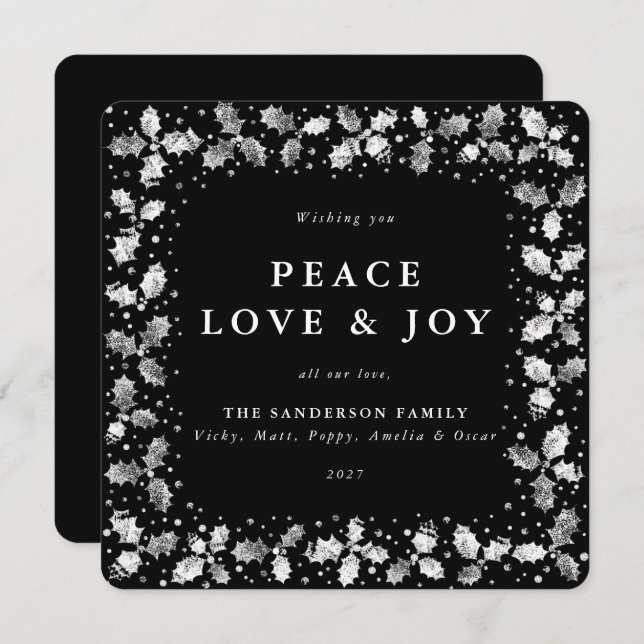 Cartes Pour Fêtes Annuelles Main noire carré imprimée Holly Peace Love + Joy (Devant / Derrière)