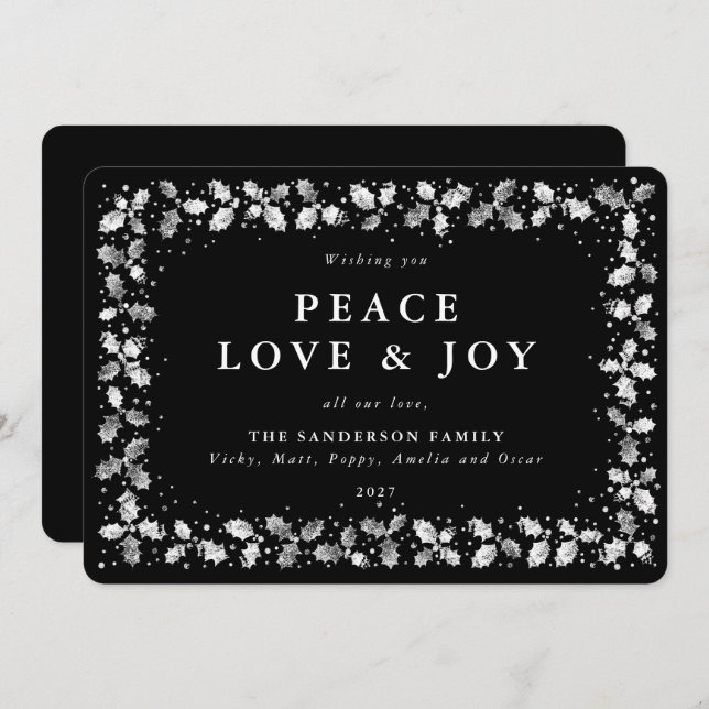 Cartes Pour Fêtes Annuelles Main Noire Imprimée Holly Peace Love + Joy (Devant / Derrière)