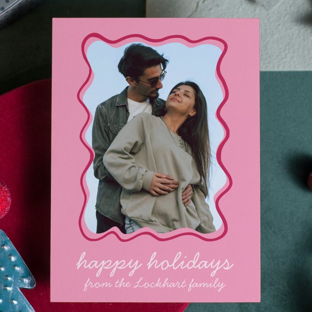 Cartes Pour Fêtes Annuelles Main rose Vave Tirée Whimsical Bordure Photo (pink wavy border photo holiday christmas card cool whimsical funky modern holiday greeting card)