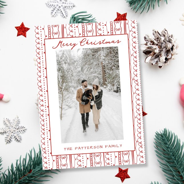 Cartes Pour Fêtes Annuelles Main tiré Red Bows Doodle Motif Photo Noël (Créateur téléchargé)