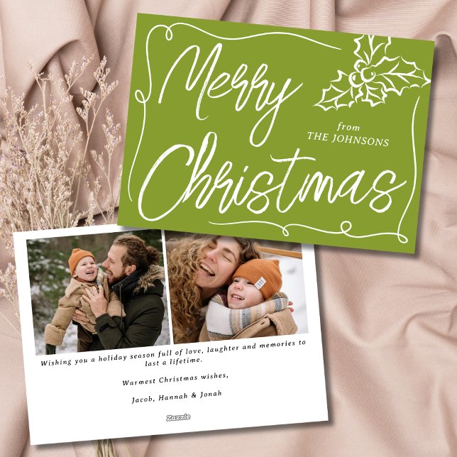 Cartes Pour Fêtes Annuelles Main tirée Holly Berry Olive 2 Photo Noël (Créateur téléchargé)