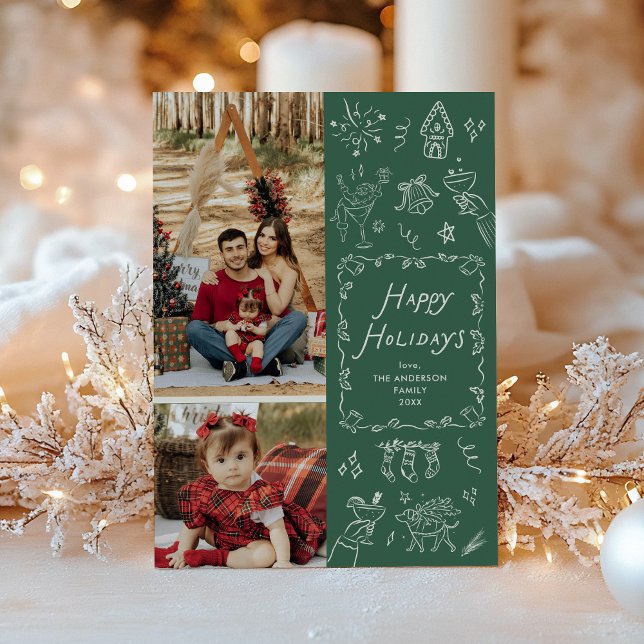 Cartes Pour Fêtes Annuelles Main verte foncée Tirée Icônes Joyeuses Fêtes 2 Ph (Créateur téléchargé)