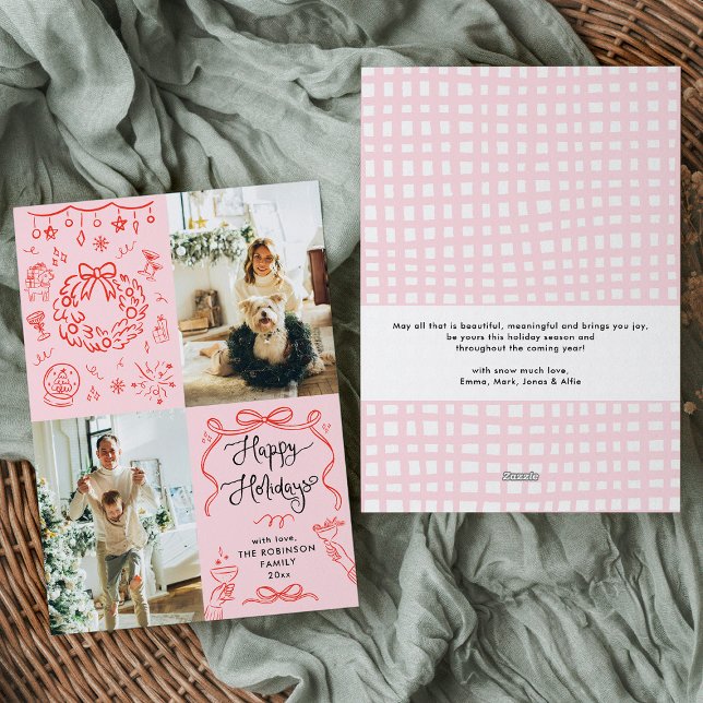 Cartes Pour Fêtes Annuelles Main Whimsical Retro tiré Joyeux Vacances 2 Photo (Créateur téléchargé)