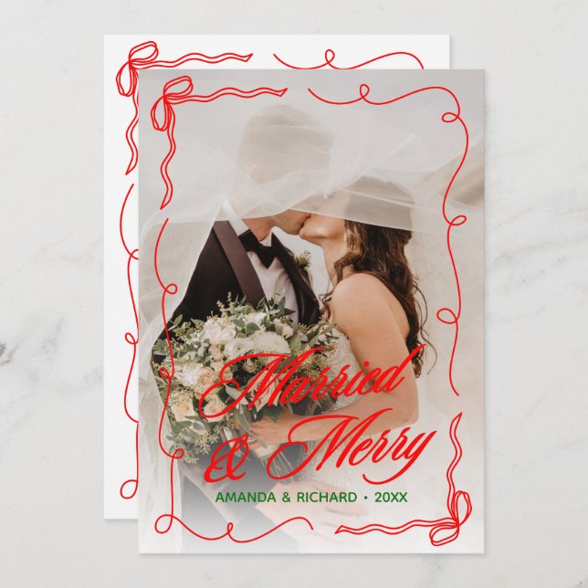 Cartes Pour Fêtes Annuelles Main Whimsical tirée Marié & Joyeux Noël (Devant / Derrière)