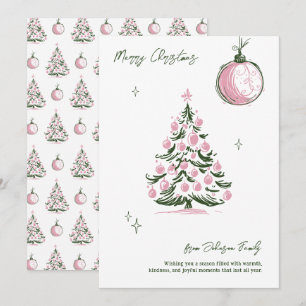 Cartes Pour Fêtes Annuelles Main Whimsical tirée rose et vert sapin de Noël
