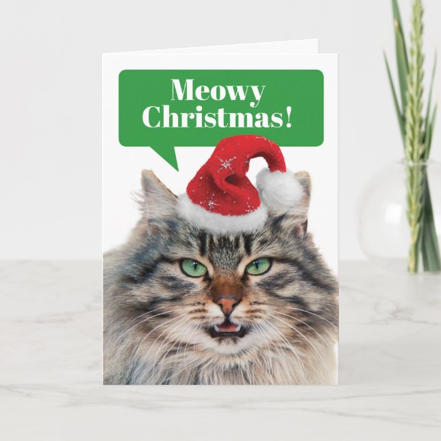 Cartes Pour Fêtes Annuelles Maine Coon Cat- Meowy Noël Bonne Année Miaou (Devant)