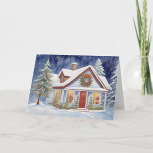 Cartes Pour Fêtes Annuelles Maison à l'aquarelle neige d'hiver Noël
