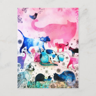 Cartes Pour Fêtes Annuelles Maison de Fête de Chat Paillettes Art Rose Aquarel