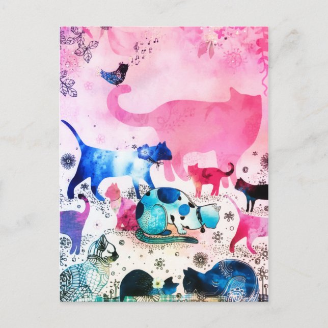 Cartes Pour Fêtes Annuelles Maison de fête de chats pailletée d'art rose aquar (Devant)
