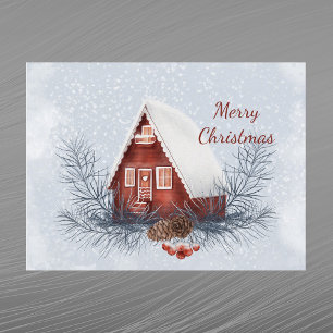 Cartes Pour Fêtes Annuelles Maison de Noël Aquarelle Pins Baies Neige