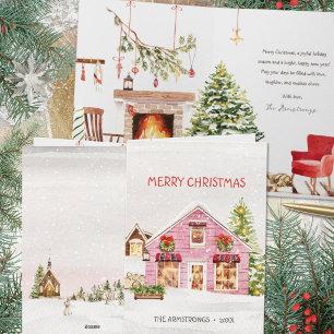 Cartes Pour Fêtes Annuelles Maison de Noël au feu de cheminée rose aquarelle c