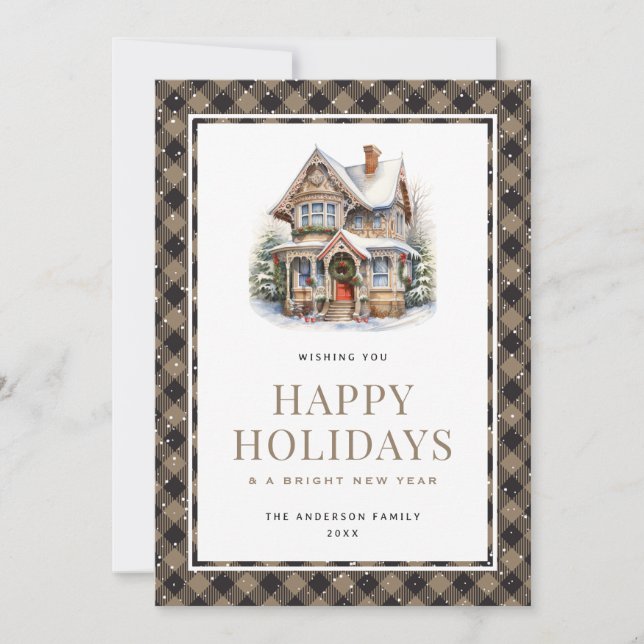 Cartes Pour Fêtes Annuelles Maison de Noël Plaid Snowy Happy Holidays Card (Devant)
