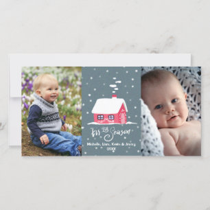 Cartes Pour Fêtes Annuelles Maison de Noël Snowy Cute Custom 2 Photos Holiday