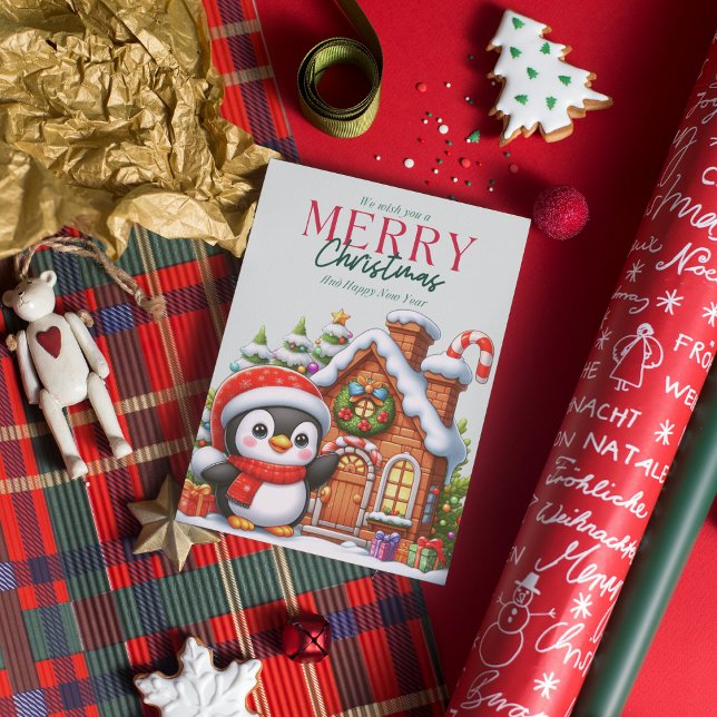 Cartes Pour Fêtes Annuelles Maison de pingouin et pain d'épice de Noël (Créateur téléchargé)