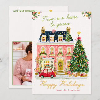 Cartes Pour Fêtes Annuelles Maison de ville à l'aquarelle rose Joyeux Noël Pho