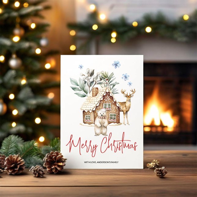 Cartes Pour Fêtes Annuelles Maison en pain d'épice d'aquarelle, ours polaire e (Créateur téléchargé)