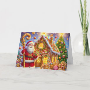 Cartes Pour Fêtes Annuelles Maison en pain d'épice dorée avec le Père Noël de