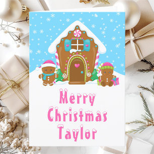 Cartes Pour Fêtes Annuelles Maison en pain d'épice rose et bleu Joyeux Noël