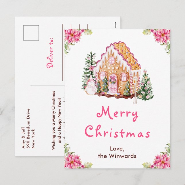 Cartes Pour Fêtes Annuelles Maison en pain d'épices rose Joyeux Noël (Devant / Derrière)
