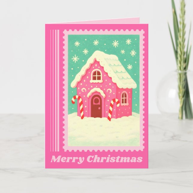 Cartes Pour Fêtes Annuelles Maison en pain d'épices rose Timbre de Noël (Devant)