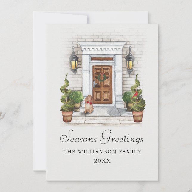 Cartes Pour Fêtes Annuelles Maison et chien de l'aquarelle Joyeuses Fêtes (Devant)