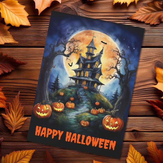 Cartes Pour Fêtes Annuelles Maison hantée d'Halloween avec Citrouilles (Créateur téléchargé)