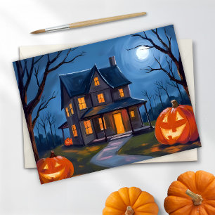 Cartes Pour Fêtes Annuelles Maison hantée Halloween citrouilles aquarelle