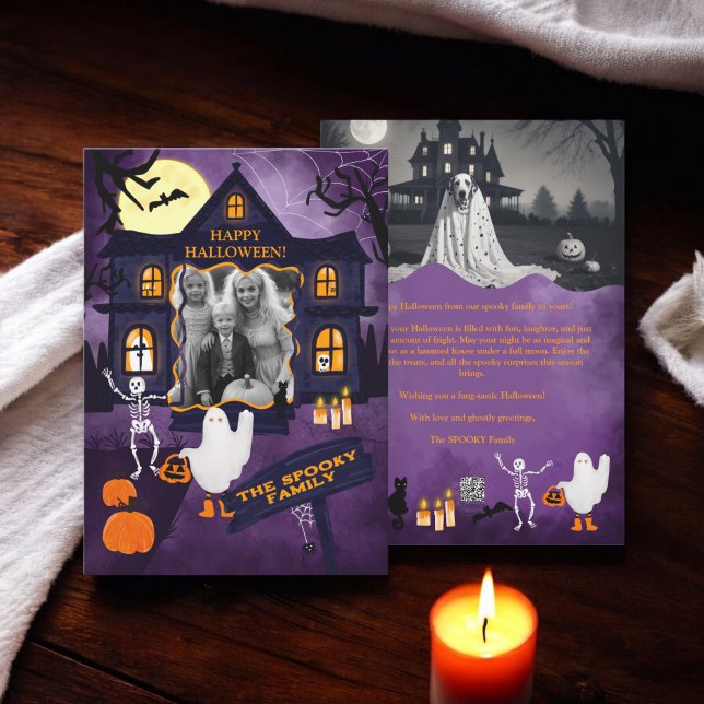 Cartes Pour Fêtes Annuelles Maison hantée Halloween éffrayante 2 photos (Spooky Halloween Haunted House 2 photos Holiday Card)