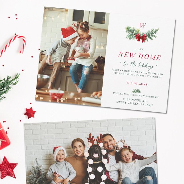 Cartes Pour Fêtes Annuelles Maison Moderne Élégante Monogramme de Famille 2 Ph (new home address family holidays card two photos red green botanical spruce bow elegant modern chic)