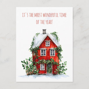 Cartes Pour Fêtes Annuelles Maison rouge ornée de neige et de verdure