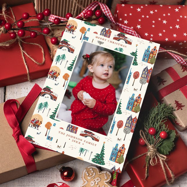 Cartes Pour Fêtes Annuelles Maisons de la ville Amsterdam Noël Moderne (City Amsterdam Houses Christmas Modern Holiday Card)