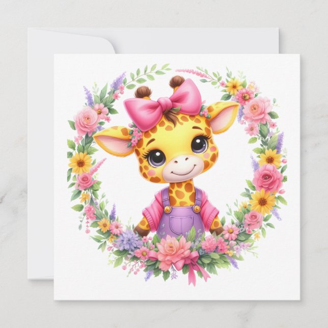 Cartes Pour Fêtes Annuelles MAKOM - Clipart de girafe, Fleurs de printemps (Devant)